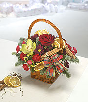 Christmas basket, red rose, white open tulips and small red roses