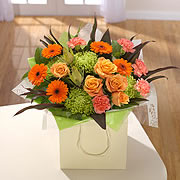 A bouquet of orange and pink roses with orange daisies