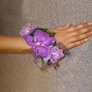 A wrist corsage of purple Vanda Orchids